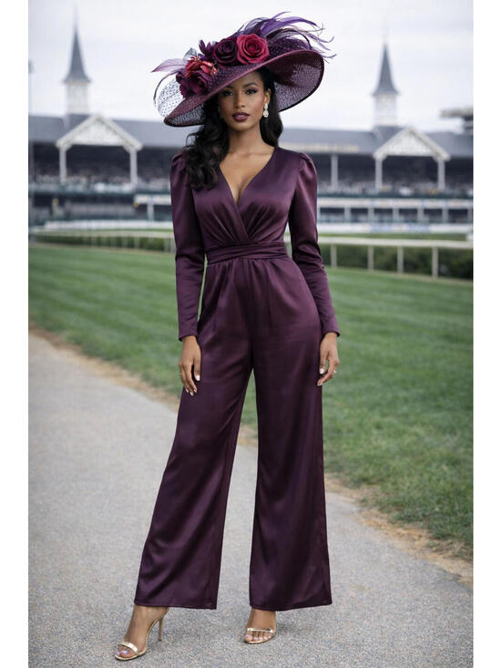Mac Duggal Pants - Ieena Mac Duggal Plum Satin Jumpsuit Size 0 NWT Long Sleeve Wide Leg Evening Coc